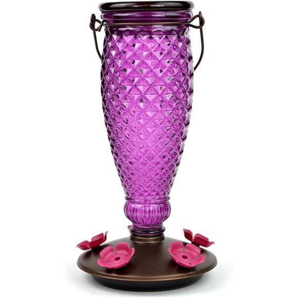 Purple Diamond Wine Top Fill Glass Hummingbird Feeder with Built-in Bee Guards